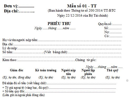 Phiếu thu theo Thông tư 200 là chứng từ ghi nhận tiền mặt hoặc tiền gửi ngân hàng doanh nghiệp thu được.