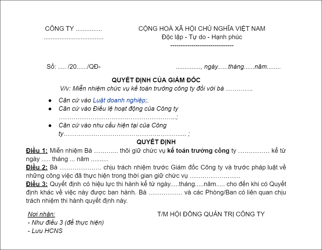 Mẫu bãi nhiệm kế toán trưởng chuẩn xác nhất