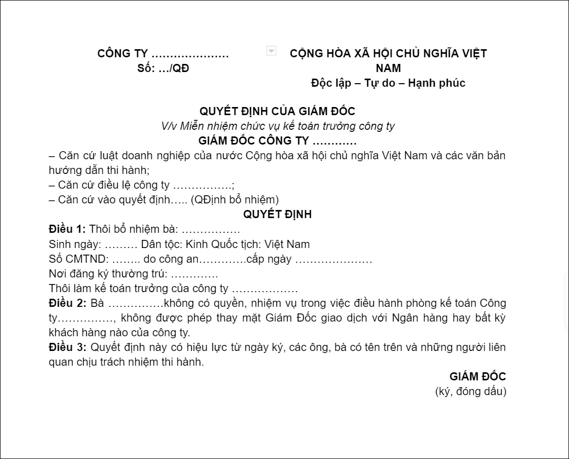 Mẫu bãi nhiệm kế toán trưởng chuẩn xác nhất