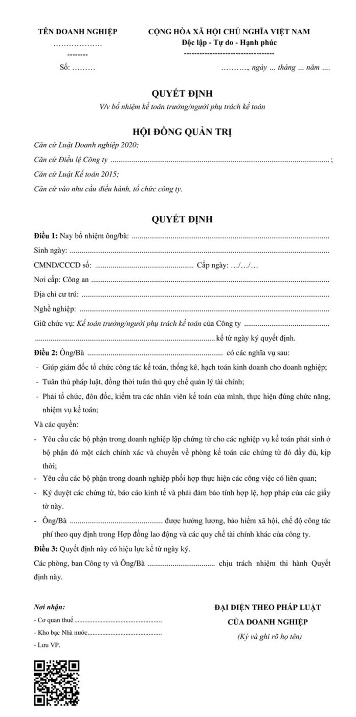 Mẫu quyết định bổ nhiệm người phụ trách kế toán