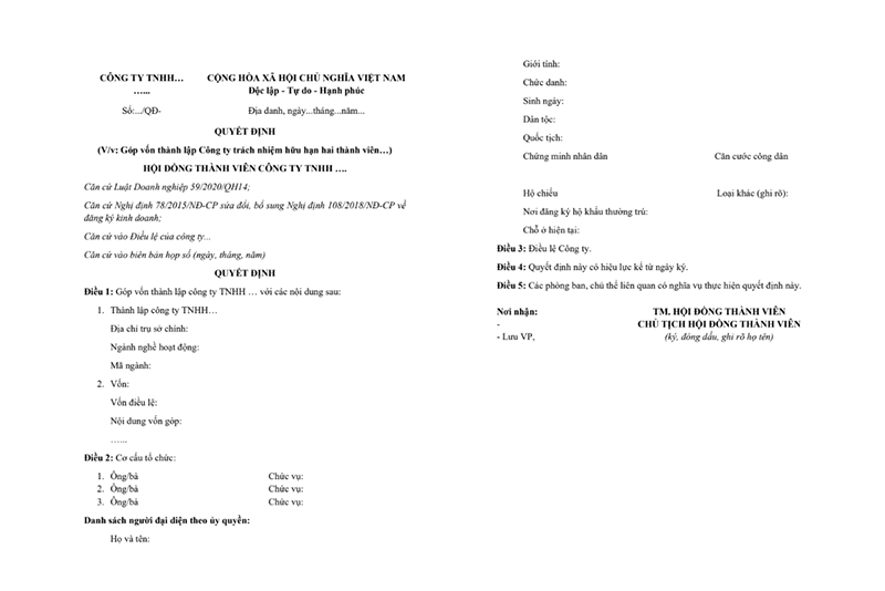 Mẫu quyết định thành lập công ty TNHH 2 thành viên trở lên