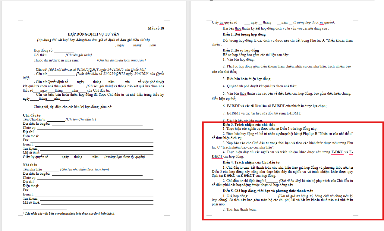 Điều khoản quy định quyền và nghĩa vụ của các bên trong hợp đồng.