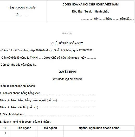 Mẫu quyết định thành lập chi nhánh công ty tnhh một thành viên​