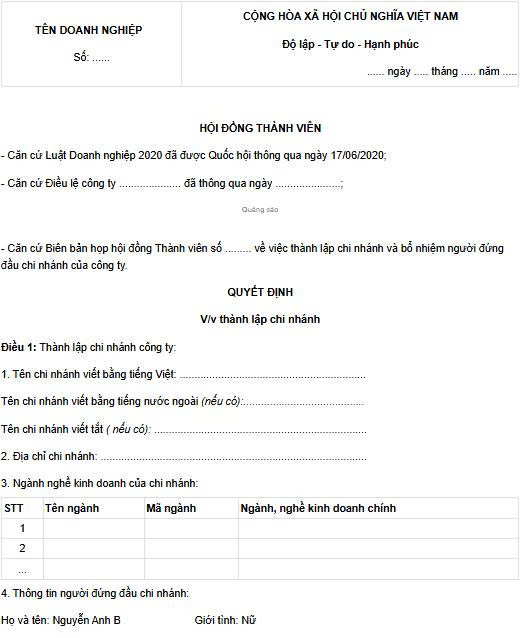 Mẫu quyết định thành lập chi nhánh công ty tnhh hai thành viên​