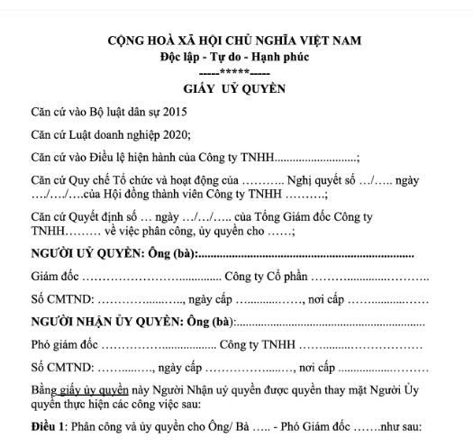 Mẫu giấy ủy quyền thành lập công ty TNHH