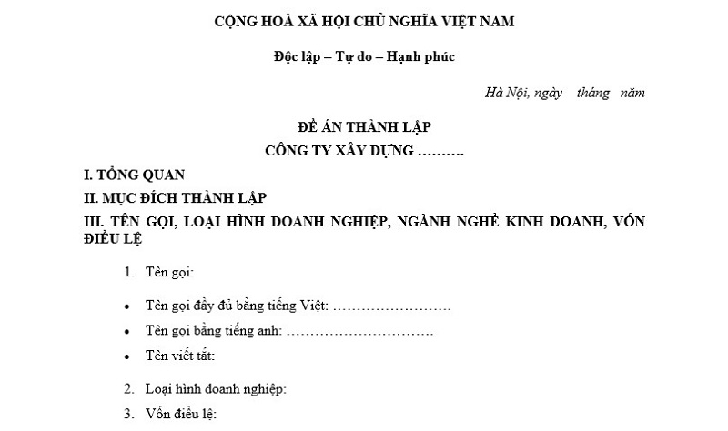 Mẫu kế hoạch thành lập công ty xây dựng.