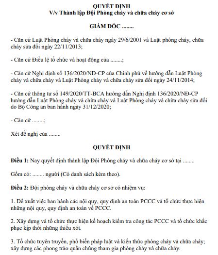 Mẫu văn bản thành lập đội PCCC công ty theo quy định mới nhất 2026.