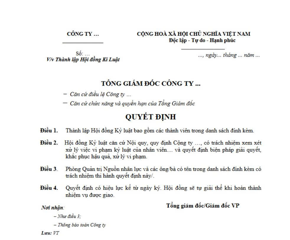 Tham khảo mẫu quyết định thành lập Hội đồng kỷ luật công ty mới nhất năm 2026.